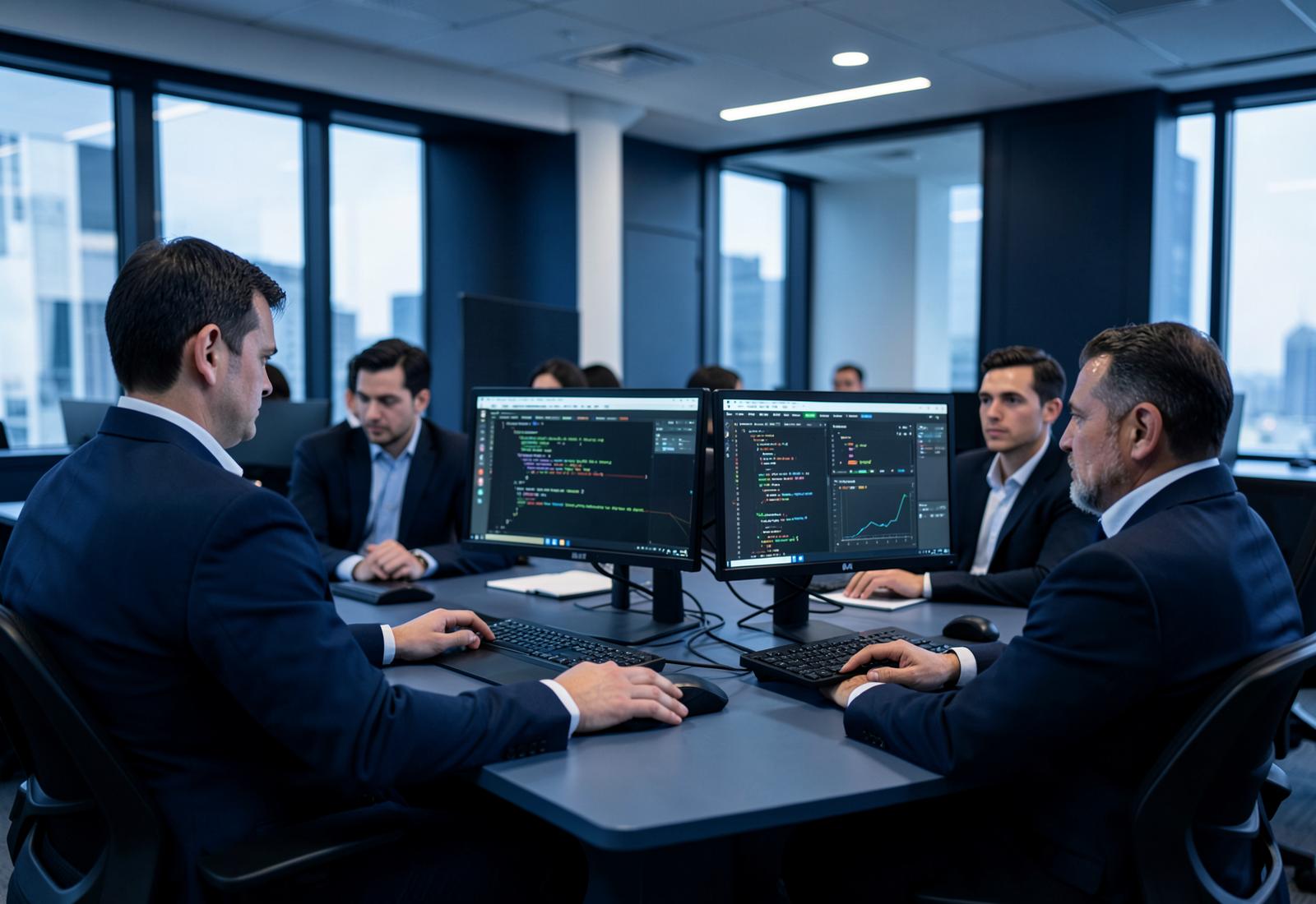 Software development team reviewing code and dashboards on multiple monitors