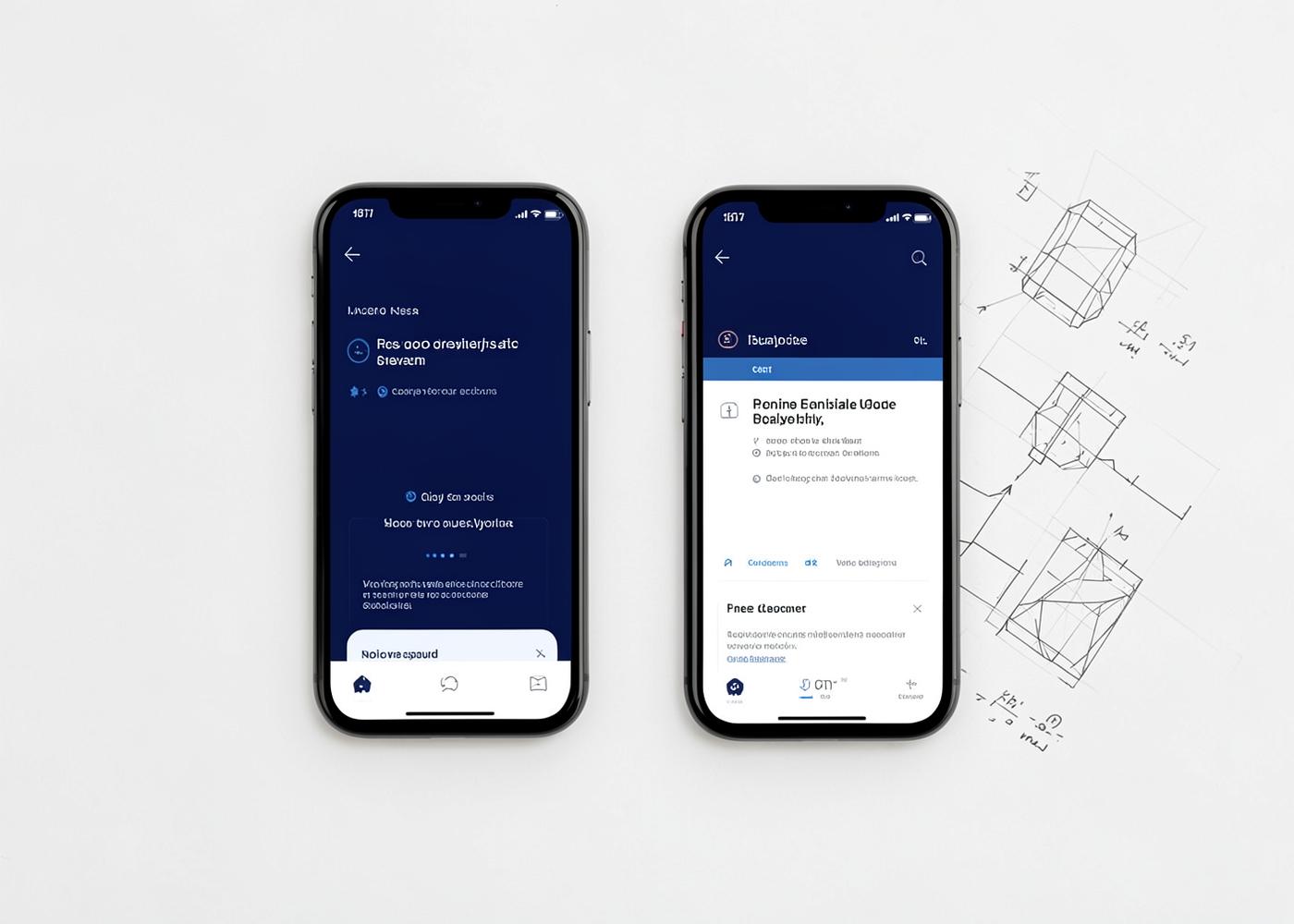 Mobile application screens beside design wireframes